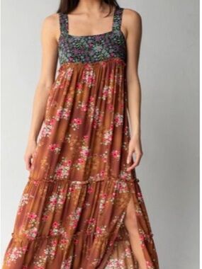 NATURAL LIFE Brown Floral Maxi Dress with Square Neckline NWOT